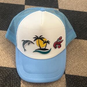 Blue and White Trucker Hat with Tropical Embroidery